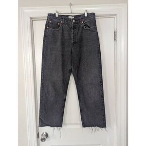 Zara Loose Fit Straight Jeans women's size 12 black fray‎ hem raw button fly